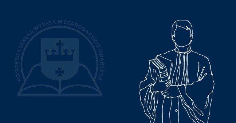 Grafika liniowa przedstawia studenta trzymającego książkę i dokumenty. Po lewej stronie widać logo Pomorskiej Szkoły Wyższej