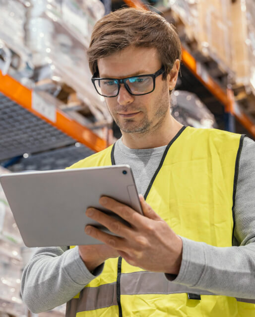 Absolwent logistyki z tabletem w ręce na tle magazynu